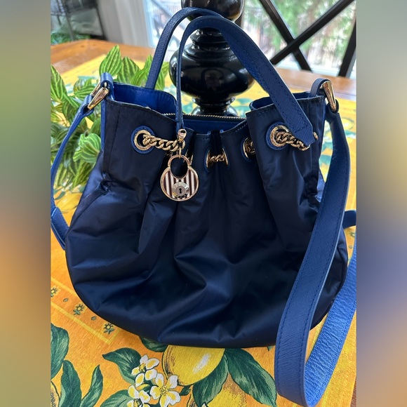 Henri Bendel Blue Satin Gold Accents Drawstring Crossbody Bag with Charm in VGUC - Picture 2 of 13